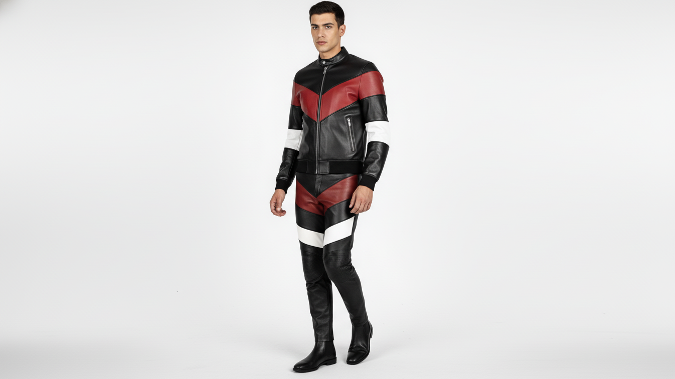 Men’s Black Genuine Leather Café Racer Jacket & Pants Set Black Red Biker Suit