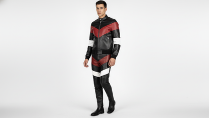 Men’s Black Genuine Leather Café Racer Jacket & Pants Set Black Red Biker Suit