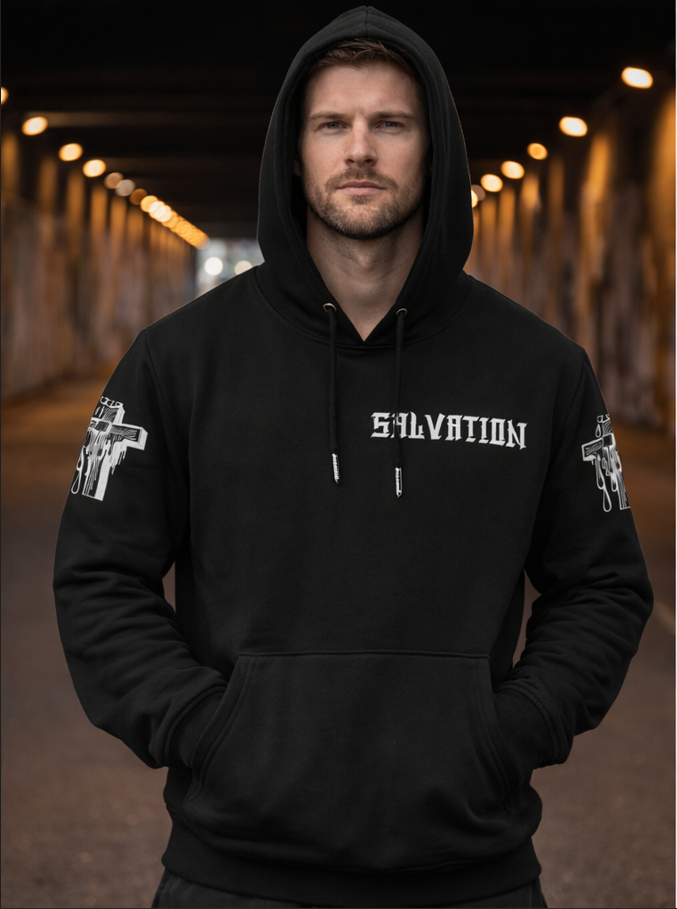 Men`s Black Pullover Hoodie - Salvation & Holy Cross Graphic Print Cotton