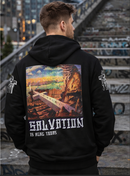 Men`s Black Pullover Hoodie - Salvation & Holy Cross Graphic Print Cotton
