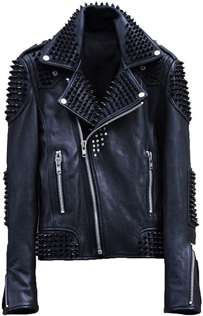 Men’s Custom Black Studded Leather Biker Jacket – Extreme Spiked Punk Rock Moto