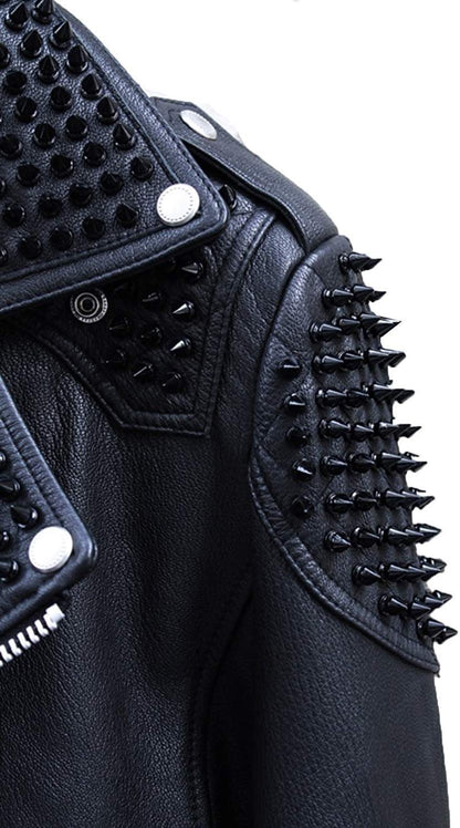 Men’s Custom Black Studded Leather Biker Jacket – Extreme Spiked Punk Rock Moto