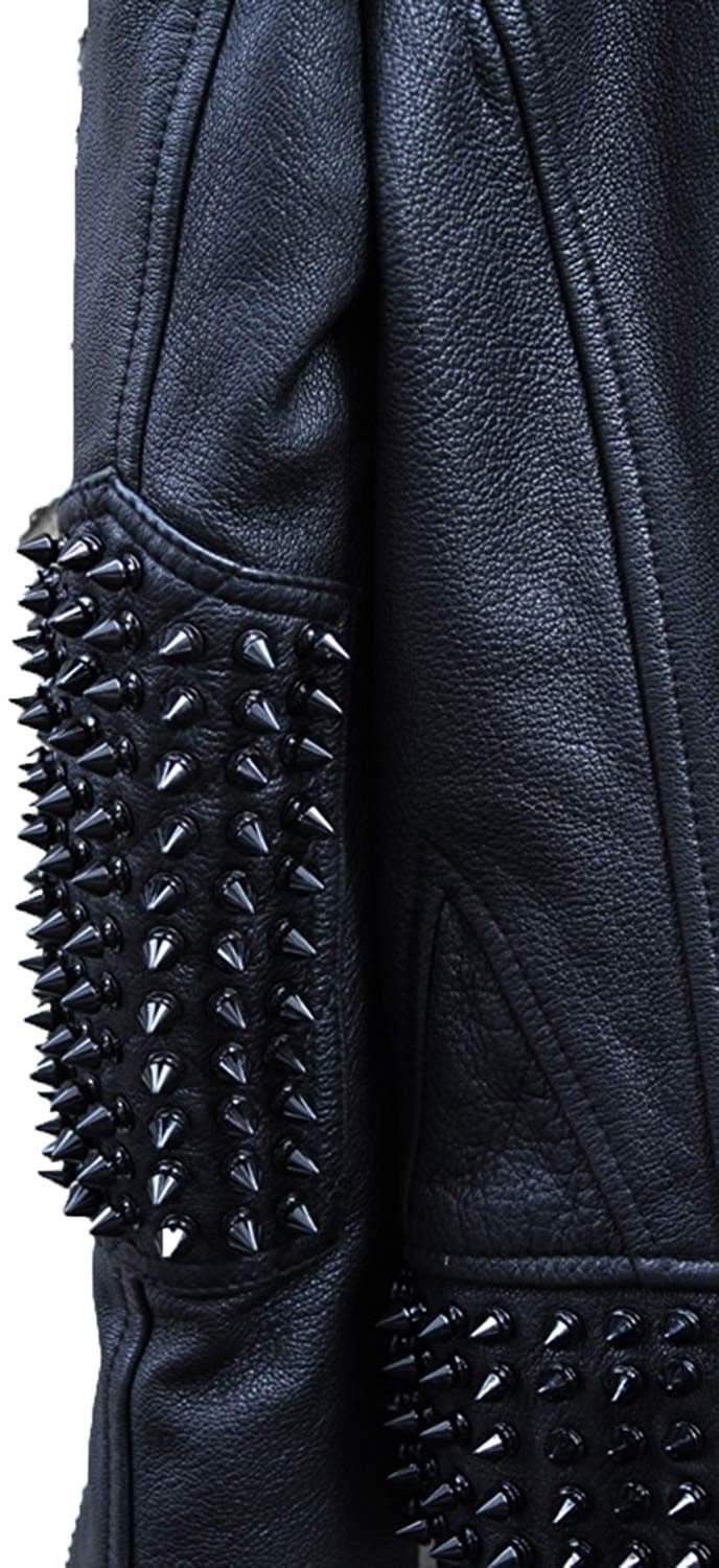 Men’s Custom Black Studded Leather Biker Jacket – Extreme Spiked Punk Rock Moto