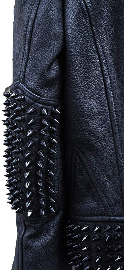 Men’s Custom Black Studded Leather Biker Jacket – Extreme Spiked Punk Rock Moto