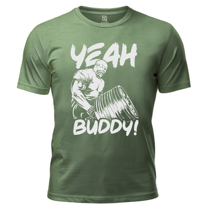 Dynamix Graphic Print "Yeah Buddy" T-Shirt Unisex Slim Fit 100% Cotton Tee For Gym Workout/Causal  Olive Green/Black