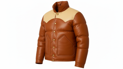 Men’s Brown Genuine Leather Puffer Jacket Quilted Winter Snap Button Coat