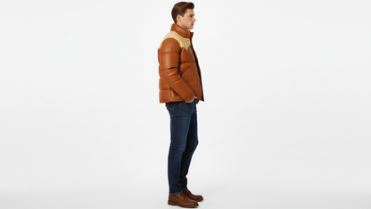 Men’s Brown Genuine Leather Puffer Jacket Quilted Winter Snap Button Coat