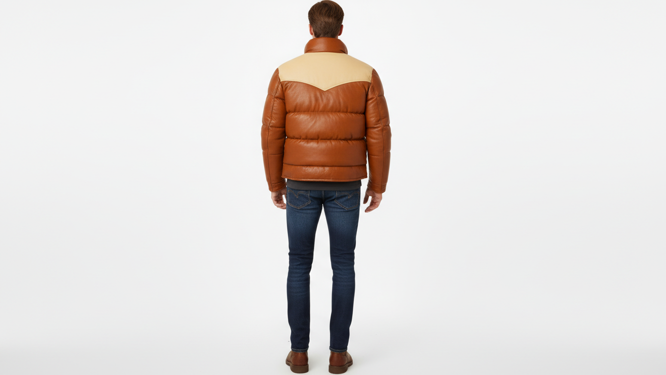 Men’s Brown Genuine Leather Puffer Jacket Quilted Winter Snap Button Coat