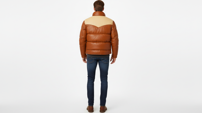 Men’s Brown Genuine Leather Puffer Jacket Quilted Winter Snap Button Coat