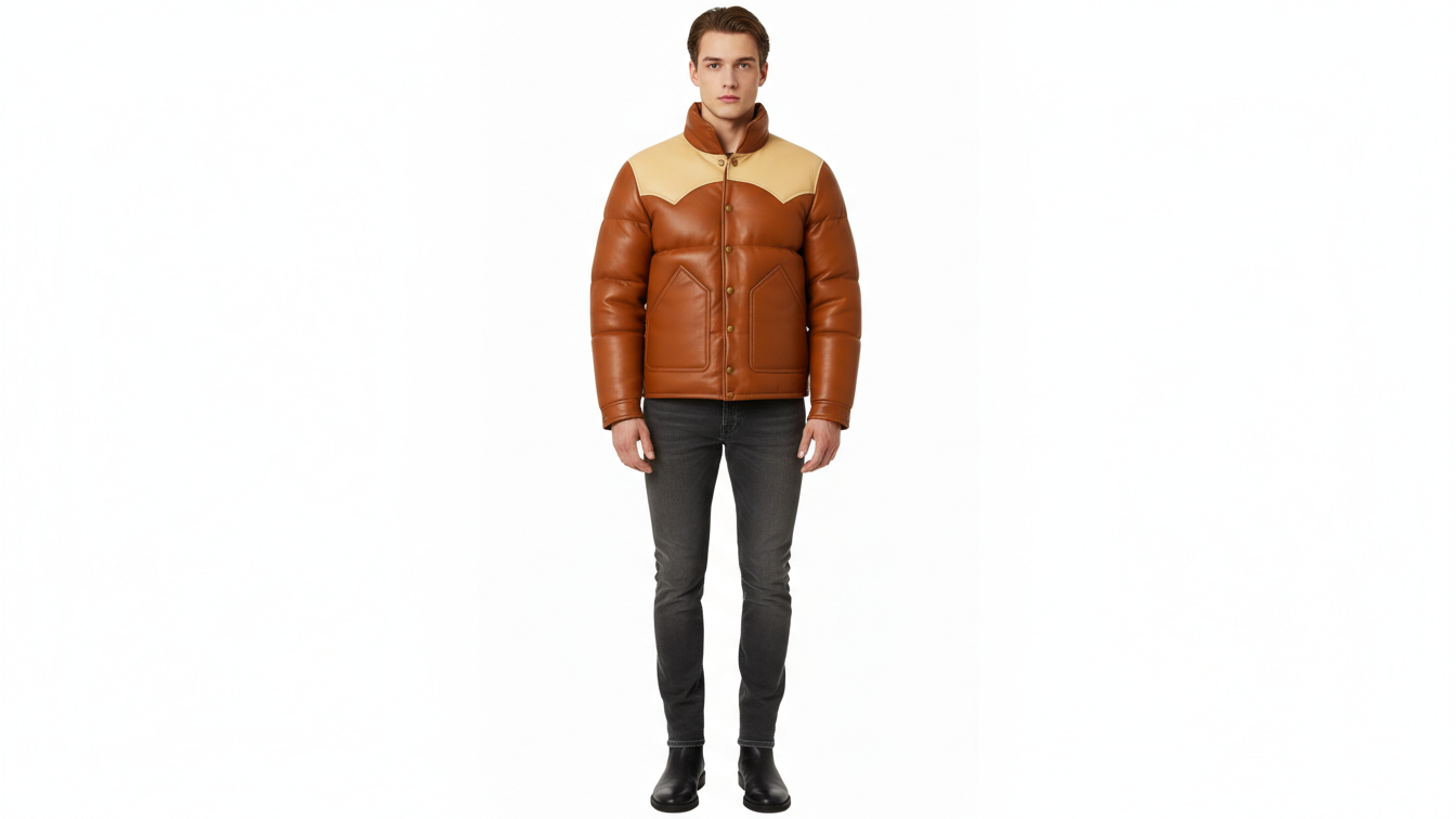 Men’s Brown Genuine Leather Puffer Jacket Quilted Winter Snap Button Coat