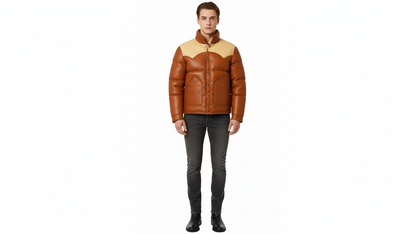 Men’s Brown Genuine Leather Puffer Jacket Quilted Winter Snap Button Coat