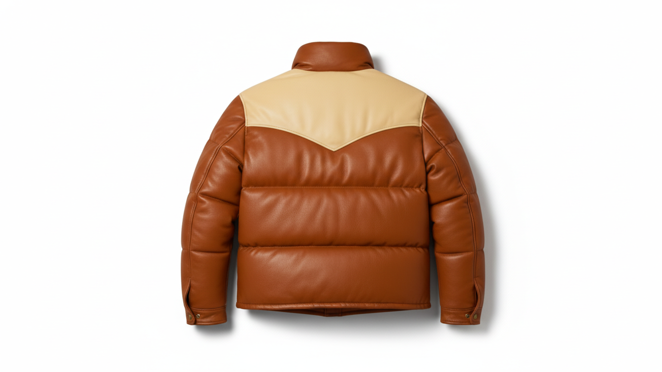 Men’s Brown Genuine Leather Puffer Jacket Quilted Winter Snap Button Coat