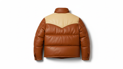 Men’s Brown Genuine Leather Puffer Jacket Quilted Winter Snap Button Coat