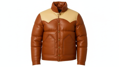 Men’s Brown Genuine Leather Puffer Jacket Quilted Winter Snap Button Coat