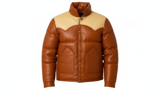 Men’s Brown Genuine Leather Puffer Jacket Quilted Winter Snap Button Coat