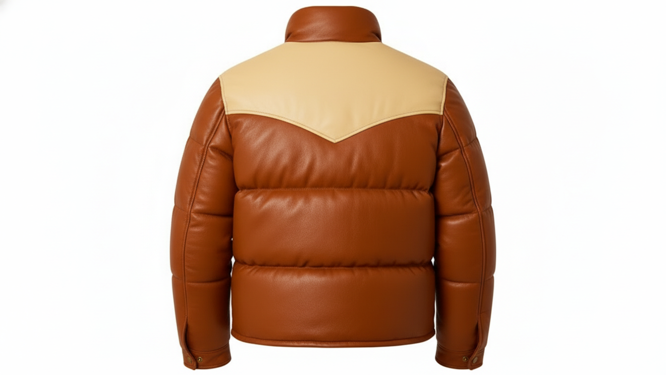 Men’s Brown Genuine Leather Puffer Jacket Quilted Winter Snap Button Coat
