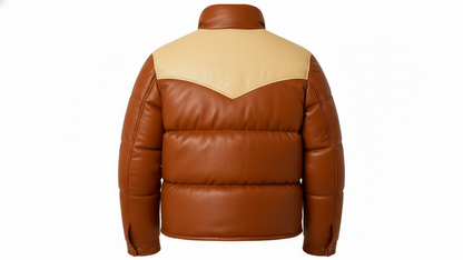 Men’s Brown Genuine Leather Puffer Jacket Quilted Winter Snap Button Coat