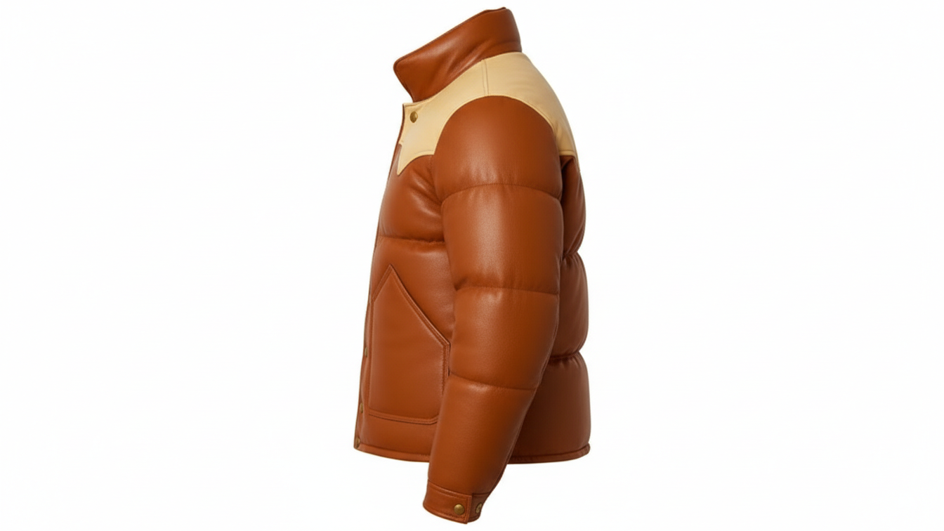 Men’s Brown Genuine Leather Puffer Jacket Quilted Winter Snap Button Coat