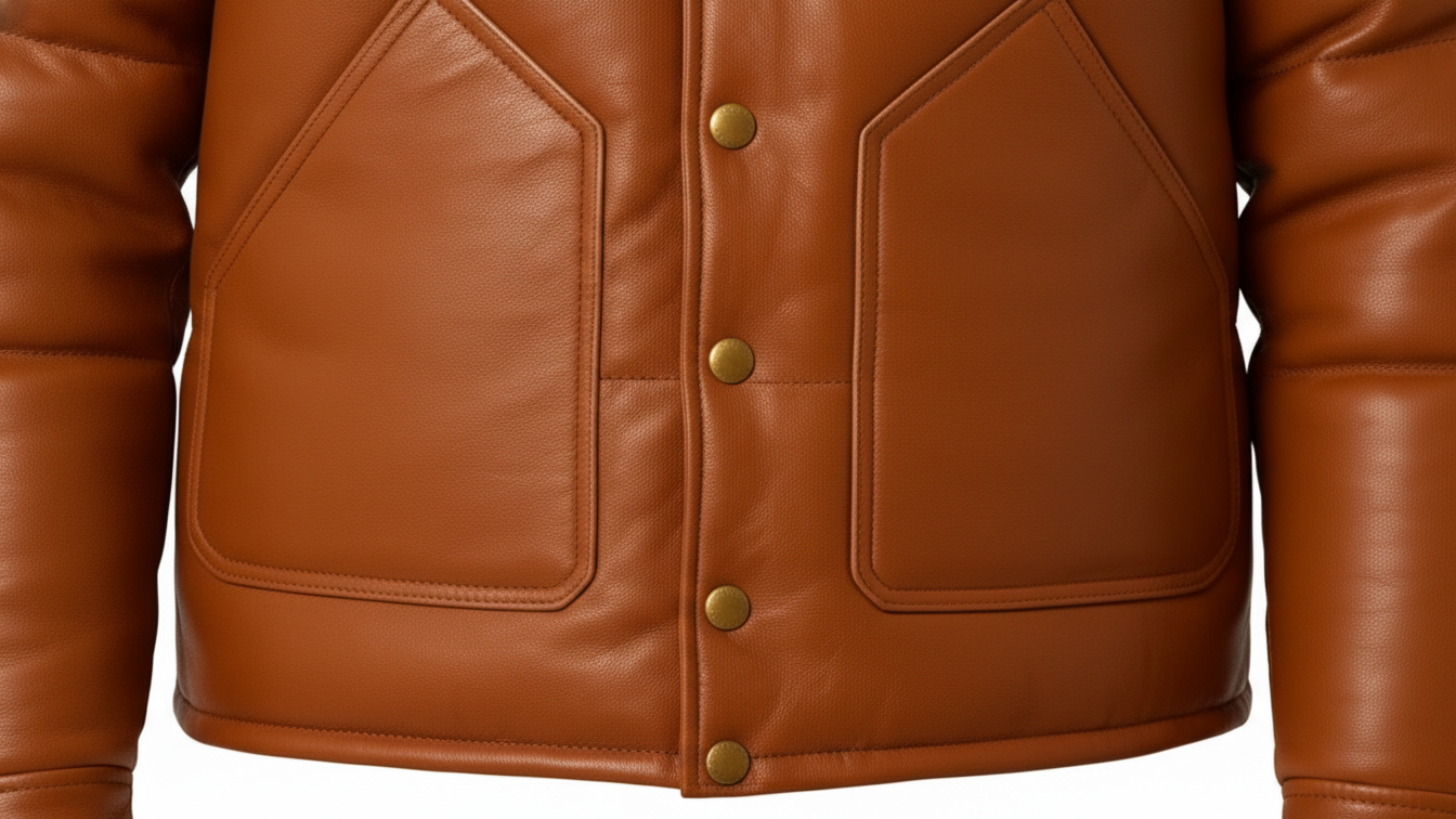 Men’s Brown Genuine Leather Puffer Jacket Quilted Winter Snap Button Coat