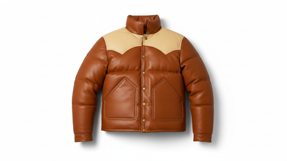 Men’s Brown Genuine Leather Puffer Jacket Quilted Winter Snap Button Coat