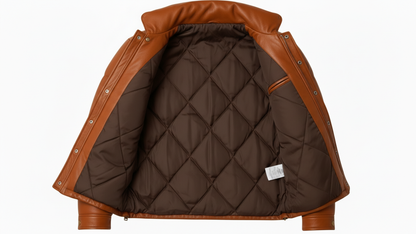 Men’s Brown Genuine Leather Puffer Jacket Quilted Winter Snap Button Coat
