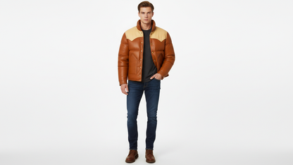 Men’s Brown Genuine Leather Puffer Jacket Quilted Winter Snap Button Coat