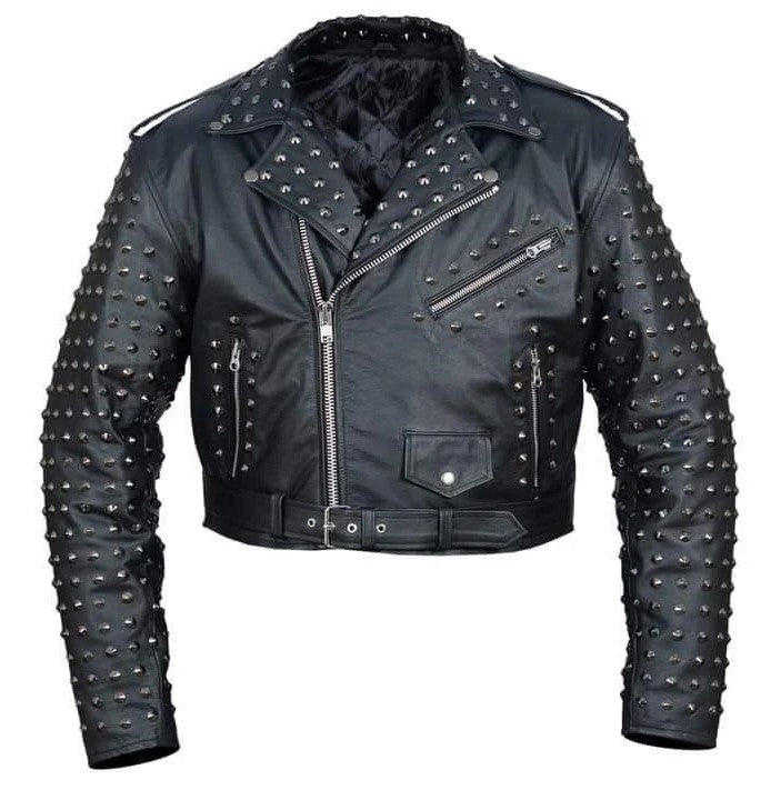 Men’s Black Studded Leather Biker Jacket Punk Rock Motorcycle Zip Moto Coat