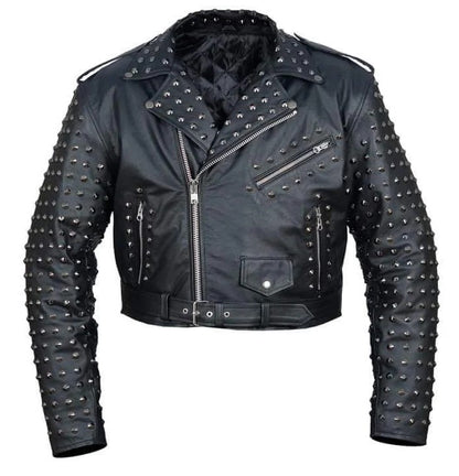 Men’s Black Studded Leather Biker Jacket Punk Rock Motorcycle Zip Moto Coat