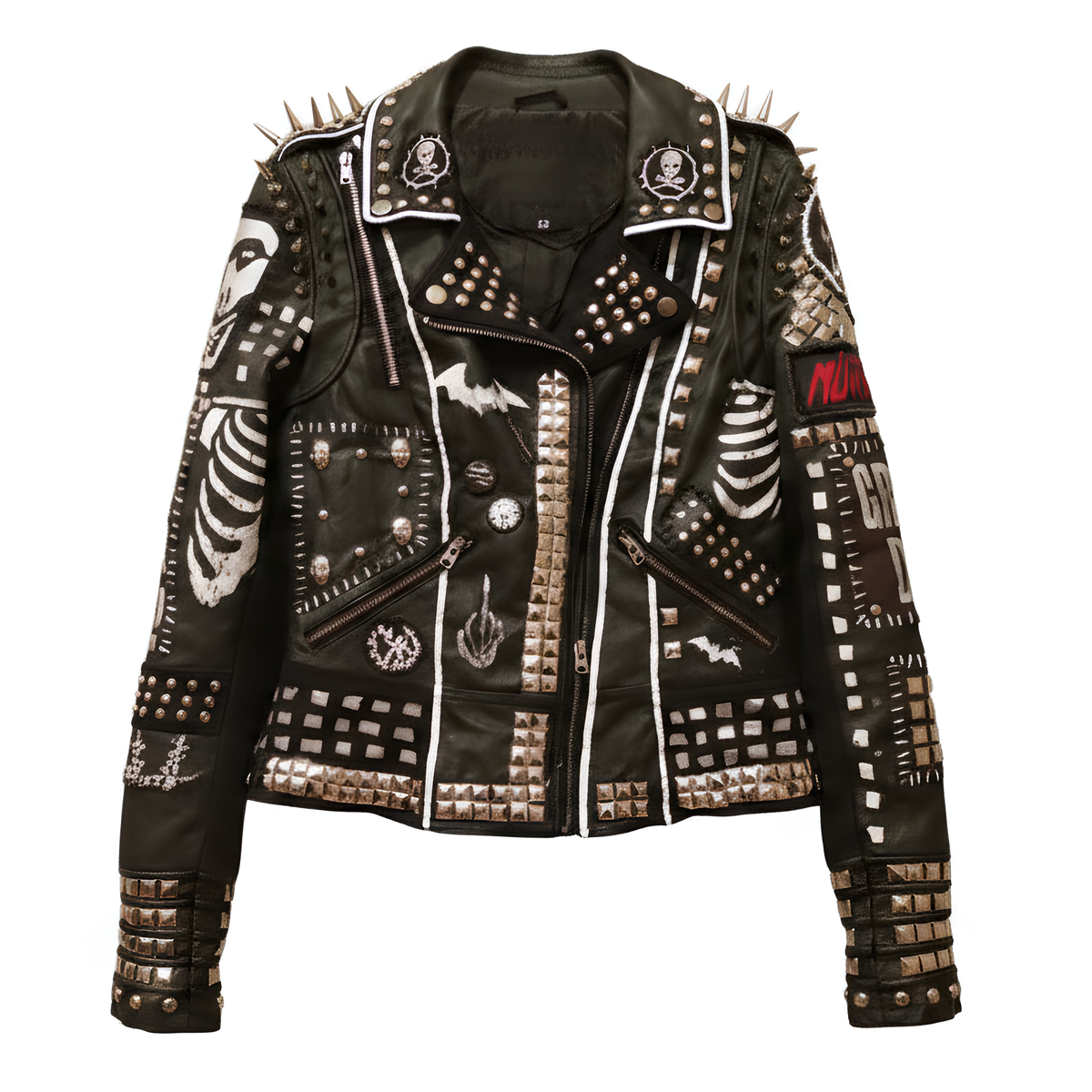 Front view of a black leather punk jacket heavily decorated with silver pyramid studs, shoulder spikes, skull graphics, and white trim along the lapels and zippers.