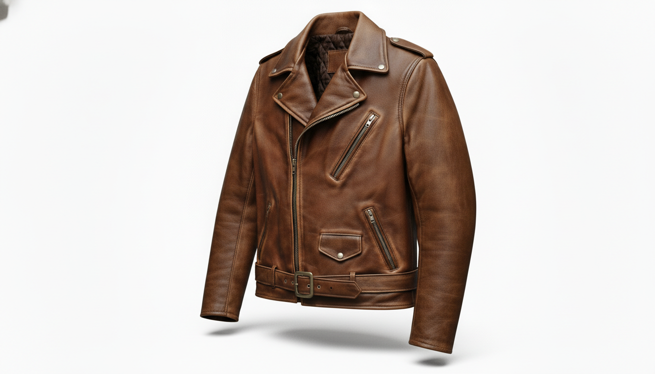 Men’s Vintage Brown Leather Biker Jacket with Multiple Zipper Pockets - Moto