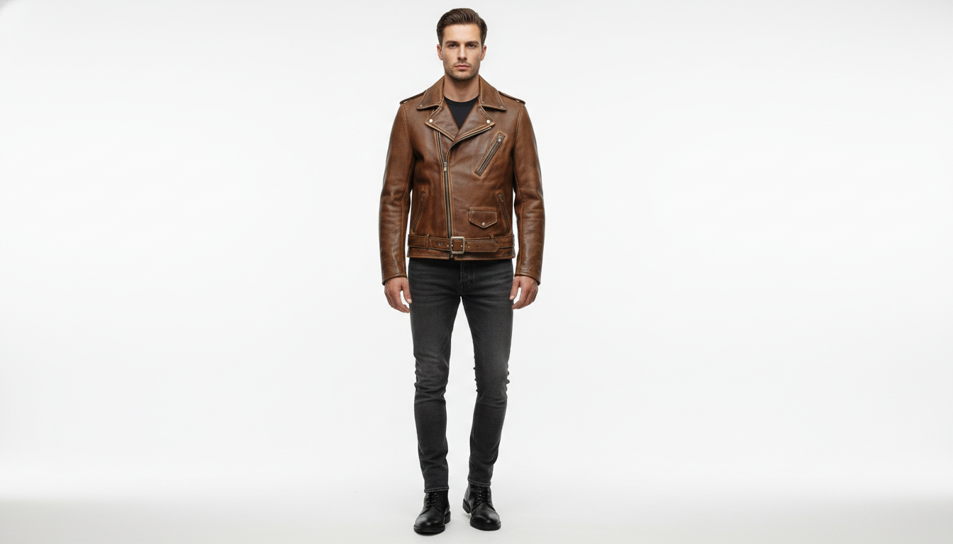 Men’s Vintage Brown Leather Biker Jacket with Multiple Zipper Pockets - Moto