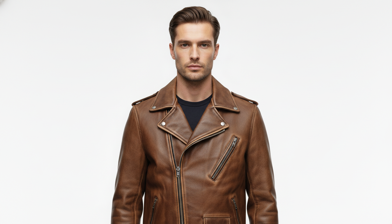 Men’s Vintage Brown Leather Biker Jacket with Multiple Zipper Pockets - Moto