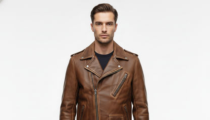 Men’s Vintage Brown Leather Biker Jacket with Multiple Zipper Pockets - Moto