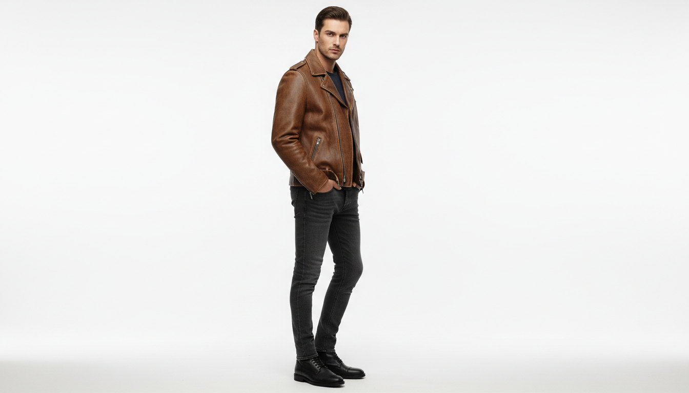 Men’s Vintage Brown Leather Biker Jacket with Multiple Zipper Pockets - Moto