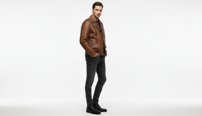 Men’s Vintage Brown Leather Biker Jacket with Multiple Zipper Pockets - Moto
