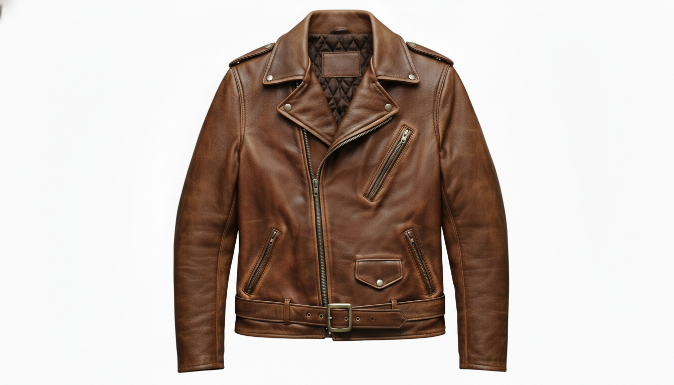 Men’s Vintage Brown Leather Biker Jacket with Multiple Zipper Pockets - Moto