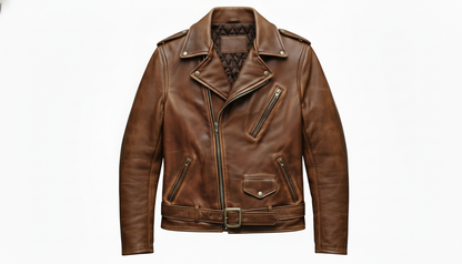 Men’s Vintage Brown Leather Biker Jacket with Multiple Zipper Pockets - Moto