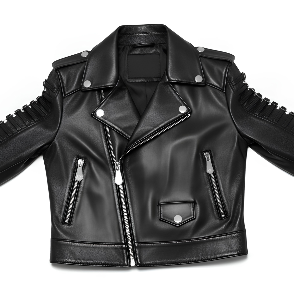 Black Leather Biker Jacket – Buckle Sleeve Detail