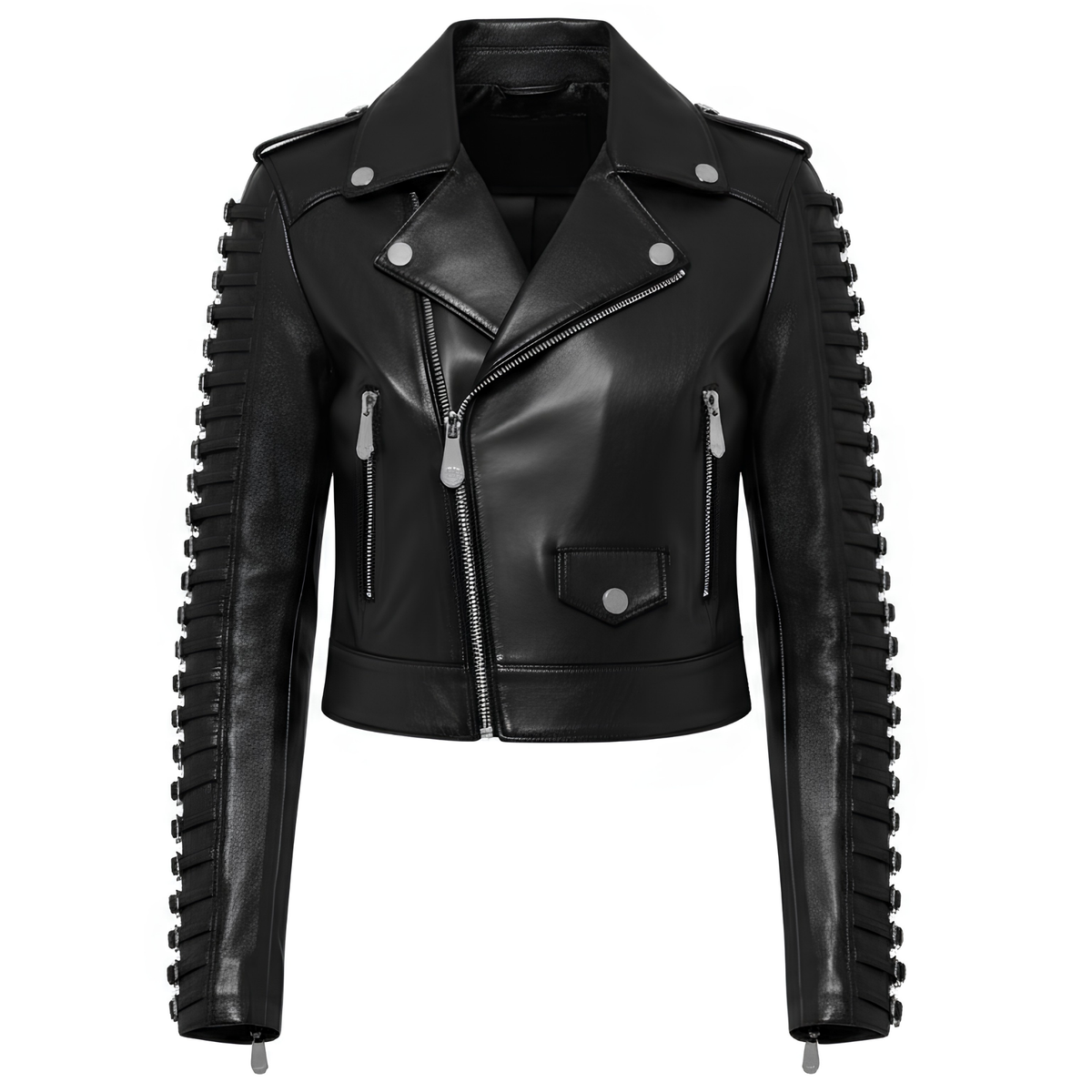 Straight-on front angle of a black leather biker jacket display showing symmetrical zip pockets, notched collar with snaps, and ribbed buckle sleeves.