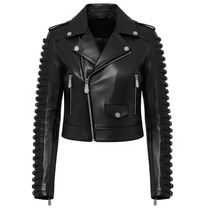 Straight-on front angle of a black leather biker jacket display showing symmetrical zip pockets, notched collar with snaps, and ribbed buckle sleeves.