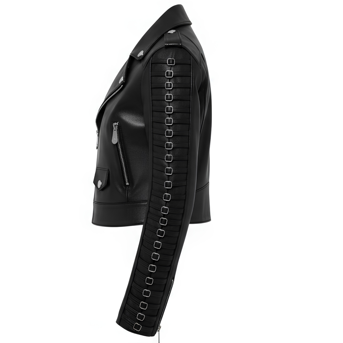 Close-up side perspective focused on the padded shoulder and continuous square buckle hardware lining the upper sleeve of a black leather jacket.