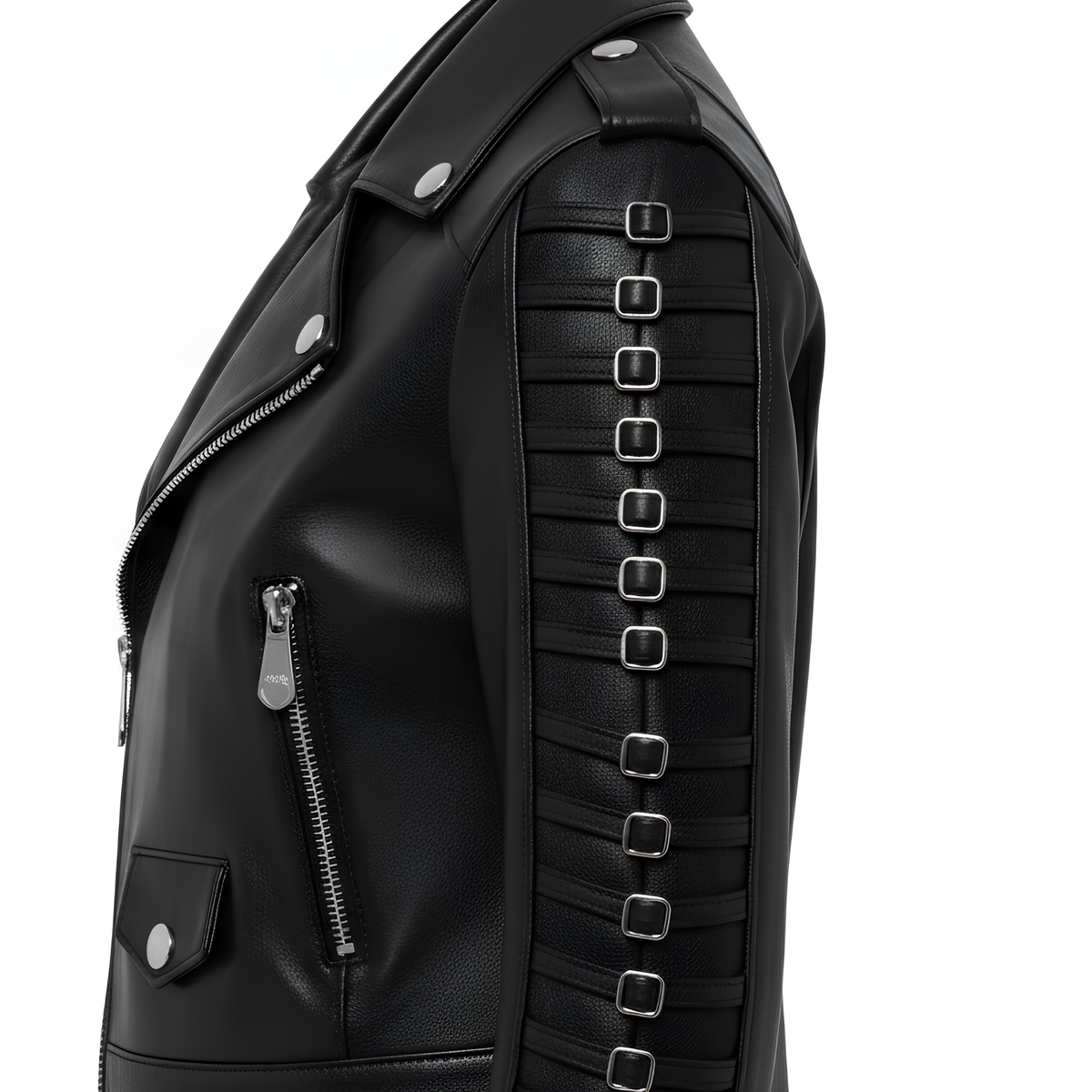 Full side profile shot of a black leather biker jacket demonstrating sleeve length, buckled arm detailing, and tailored waist crop.