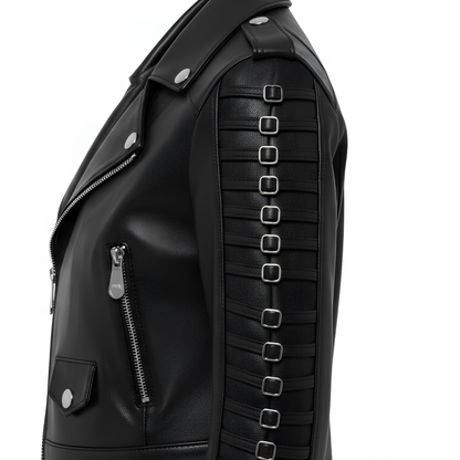 Full side profile shot of a black leather biker jacket demonstrating sleeve length, buckled arm detailing, and tailored waist crop.