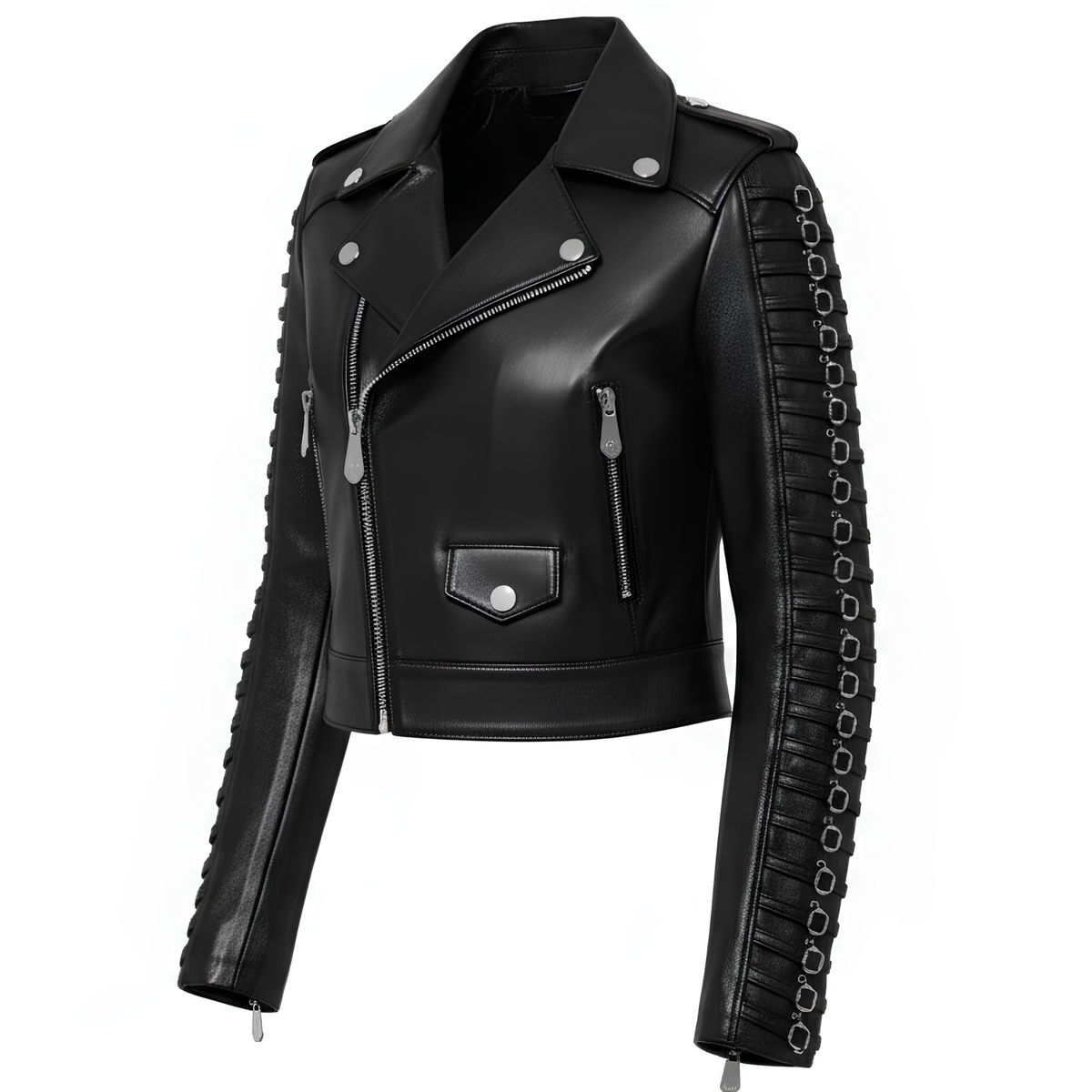 Black Leather Biker Jacket – Buckle Sleeve Detail