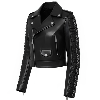 Black Leather Biker Jacket – Buckle Sleeve Detail