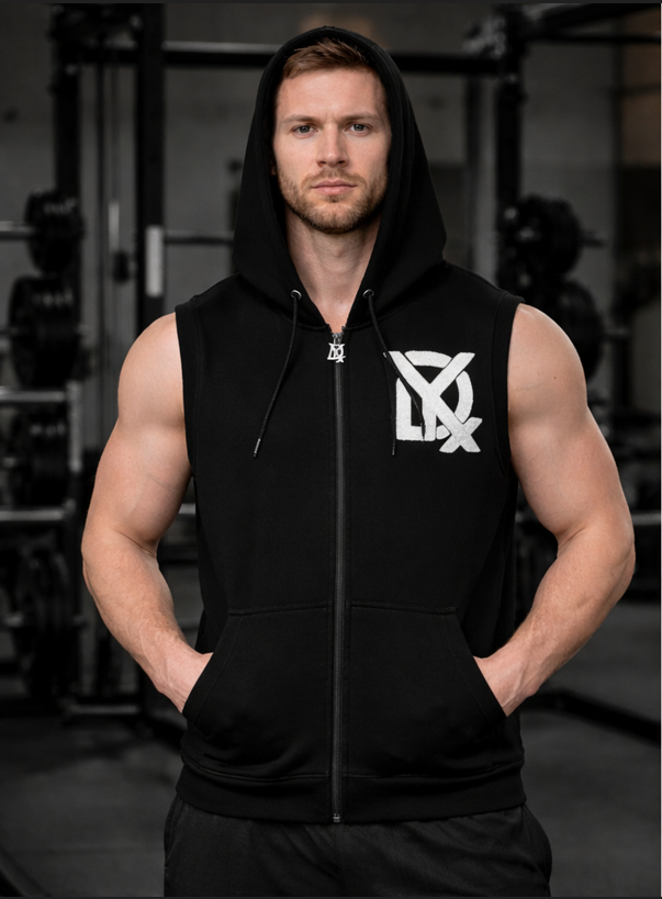 Men’s Black Sleeveless Zip Hoodie Chenille Embroidery Streetwear hooded Vest