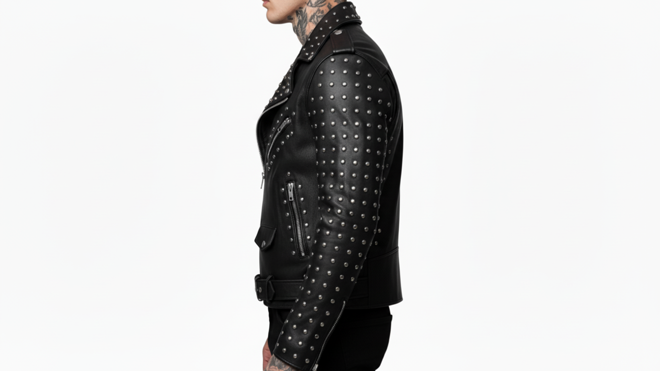 Men’s Black Studded Leather Biker Jacket Punk Rock Motorcycle Zip Moto Coat