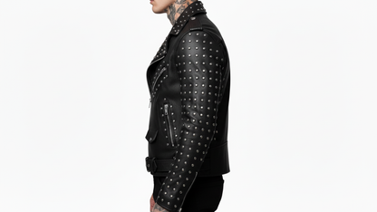 Men’s Black Studded Leather Biker Jacket Punk Rock Motorcycle Zip Moto Coat