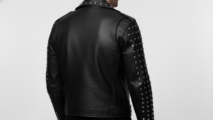 Men’s Black Studded Leather Biker Jacket Punk Rock Motorcycle Zip Moto Coat