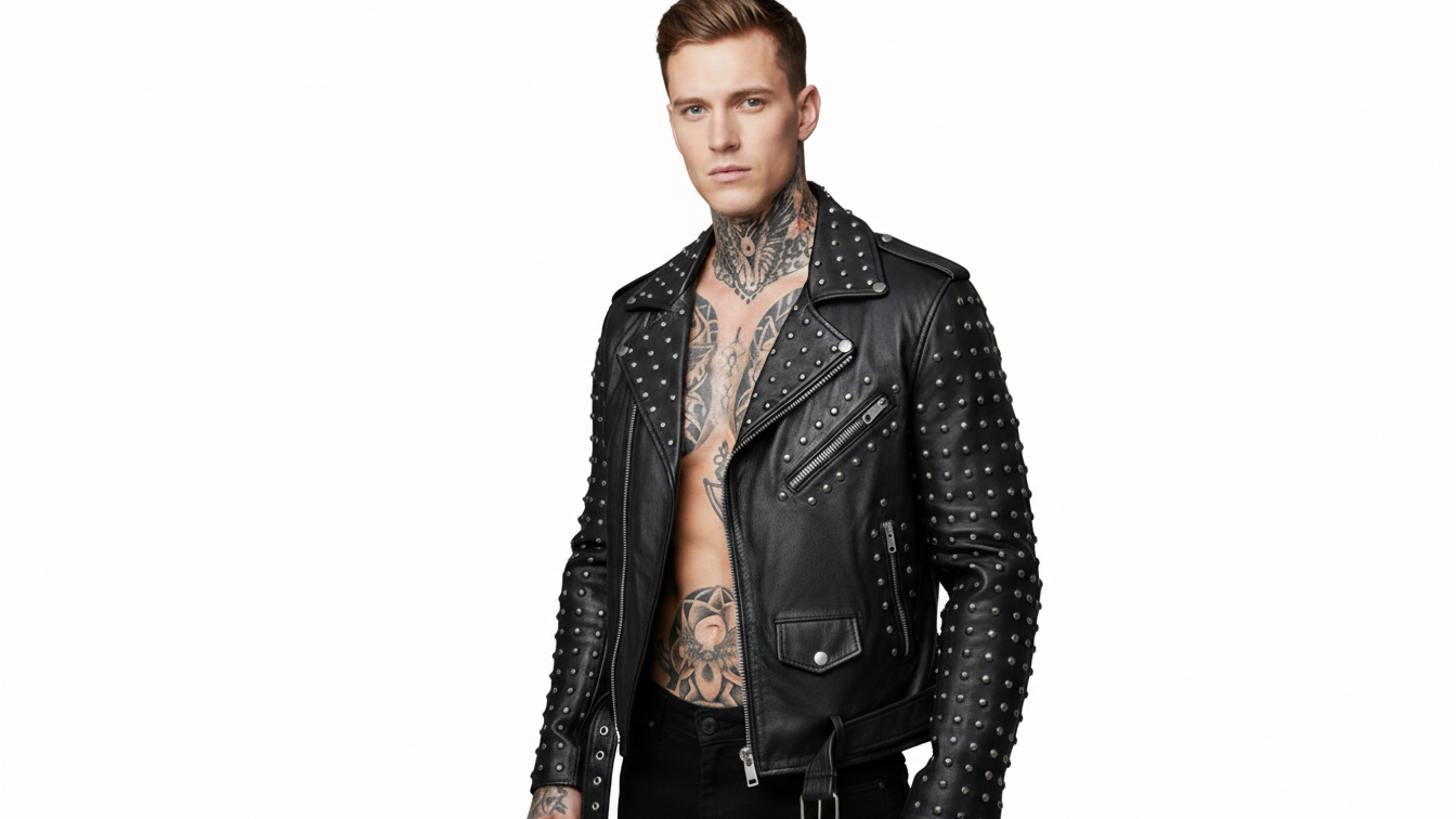 Men’s Black Studded Leather Biker Jacket Punk Rock Motorcycle Zip Moto Coat